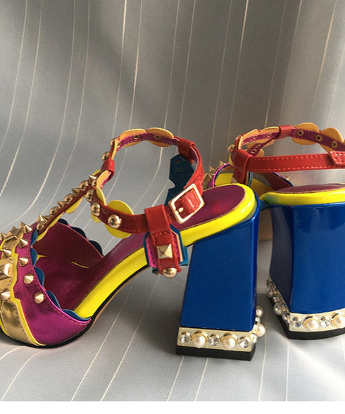 Flare Heel Studded Sandals